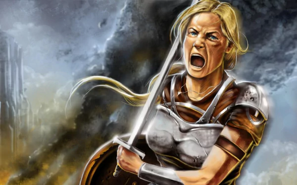 Armored female warrior shouting with raised sword against a stormy sky — Demon Wars Saga fantasy book cover, HD PC desktop wallpaper/background.