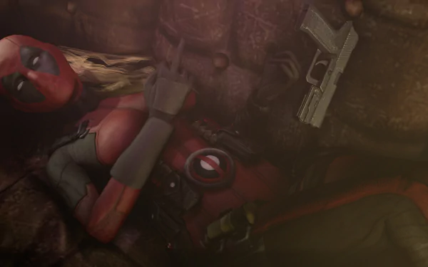 Comic-style Lady Deadpool lounges with a handgun nearby in this detailed 4K Ultra HD PC desktop wallpaper and background.