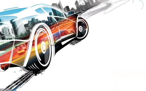 A dynamic HD wallpaper featuring vibrant artwork from the video game Burnout Paradise, showcasing a stylized car in motion against a city backdrop.