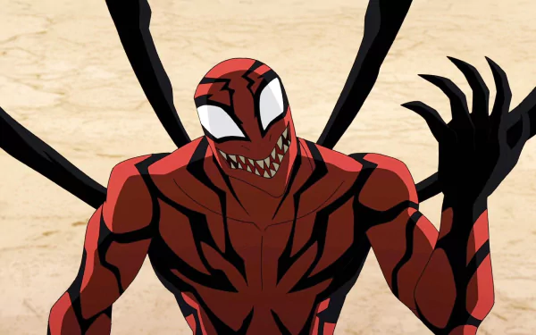 HD PC desktop wallpaper of Carnage (Marvel Comics) from the Ultimate Spider-Man TV show — a red-and-black symbiote with jagged teeth and black tendrils.