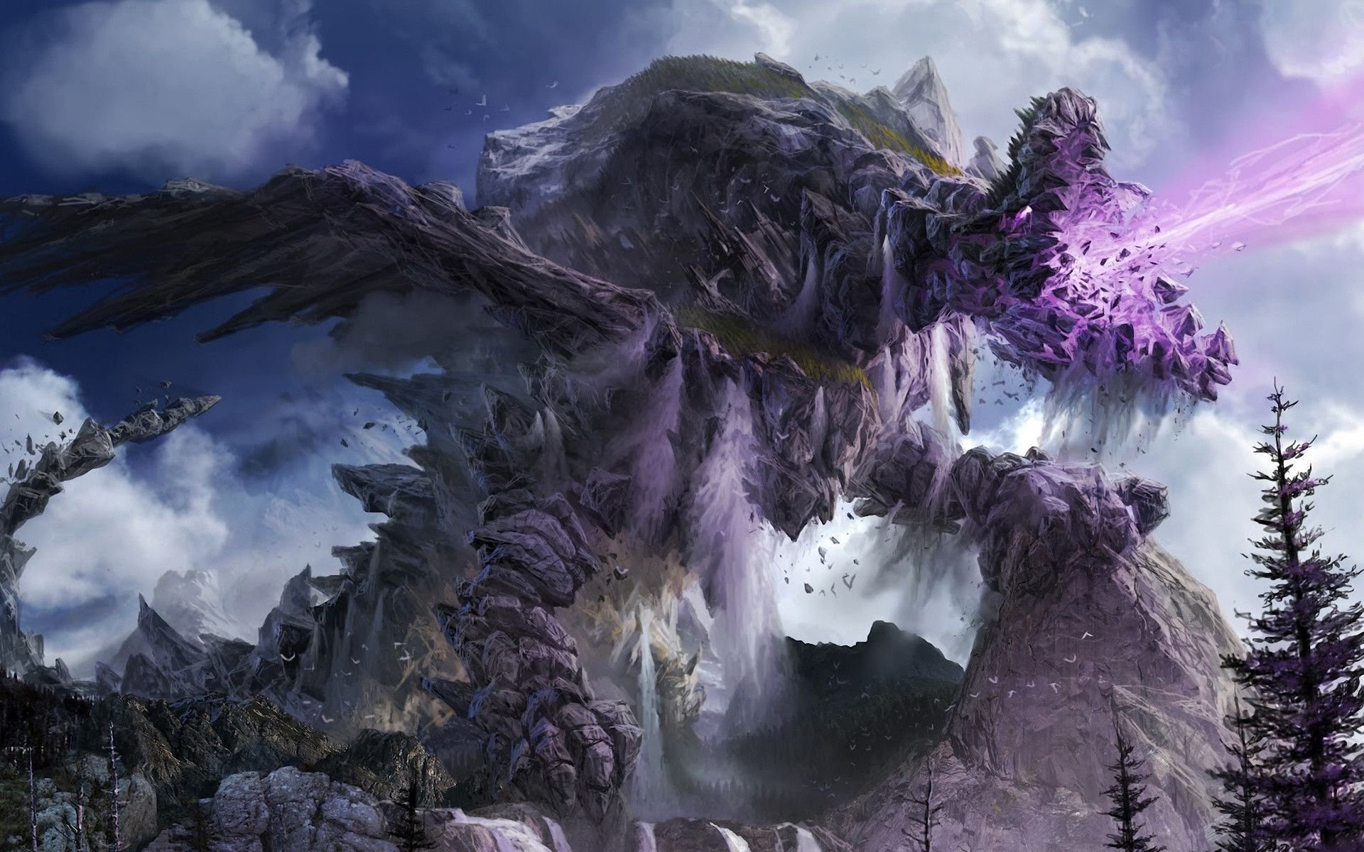 A majestic dragon towers over a rugged landscape, emitting a powerful energy beam. This striking fantasy scene makes for an engaging HD PC desktop wallpaper.