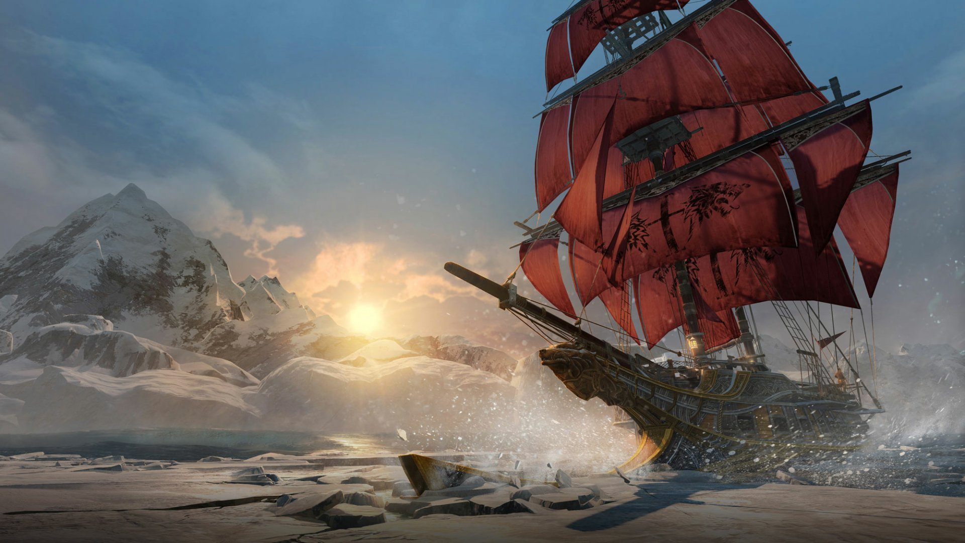 An HD desktop wallpaper featuring a striking red-sailed ship navigating icy waters at sunset, inspired by the world of Assassin's Creed: Rogue.