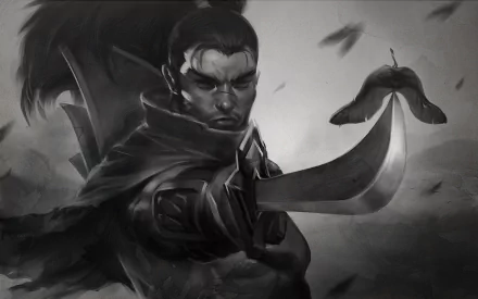 Black and white HD desktop wallpaper featuring Yasuo, a character from League of Legends, poised with his sword in a dramatic scene with falling leaves and soft lighting. Tags: Ionia, Yasuo, League of Legends, video game.