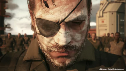 HD wallpaper featuring a close-up of a character from Metal Gear Solid V: The Phantom Pain, showcasing intense expression and iconic eye patch amidst a military backdrop.