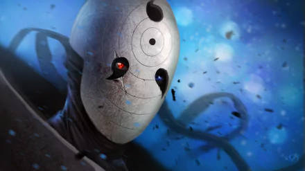 HD desktop wallpaper featuring Obito Uchiha from Naruto, showcasing the powerful Rinnegan and Sharingan eyes amid a dynamic, cosmic backdrop.