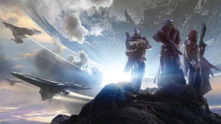 A striking HD wallpaper from the video game Destiny, featuring three characters poised against a cosmic backdrop with a distant planet and spaceships in the sky.
