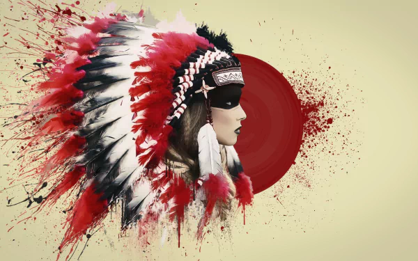 Artistic HD desktop wallpaper featuring a Native American woman in a traditional feathered headdress against a splattered red circle background.