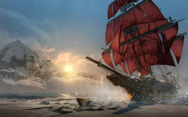 An HD desktop wallpaper featuring a striking red-sailed ship navigating icy waters at sunset, inspired by the world of Assassin's Creed: Rogue.