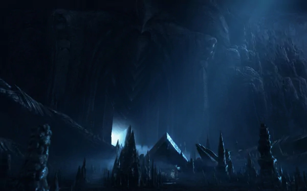 HD StarCraft II desktop wallpaper: a dark alien cavern of jagged crystalline spires bathed in cold blue light, atmospheric sci‑fi video game background.