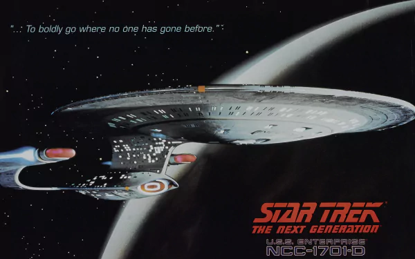 HD PC desktop wallpaper of the USS Enterprise‑D from the TV show Star Trek: The Next Generation, flying above a planet with the series logo and the line To boldly go where no one has gone before.