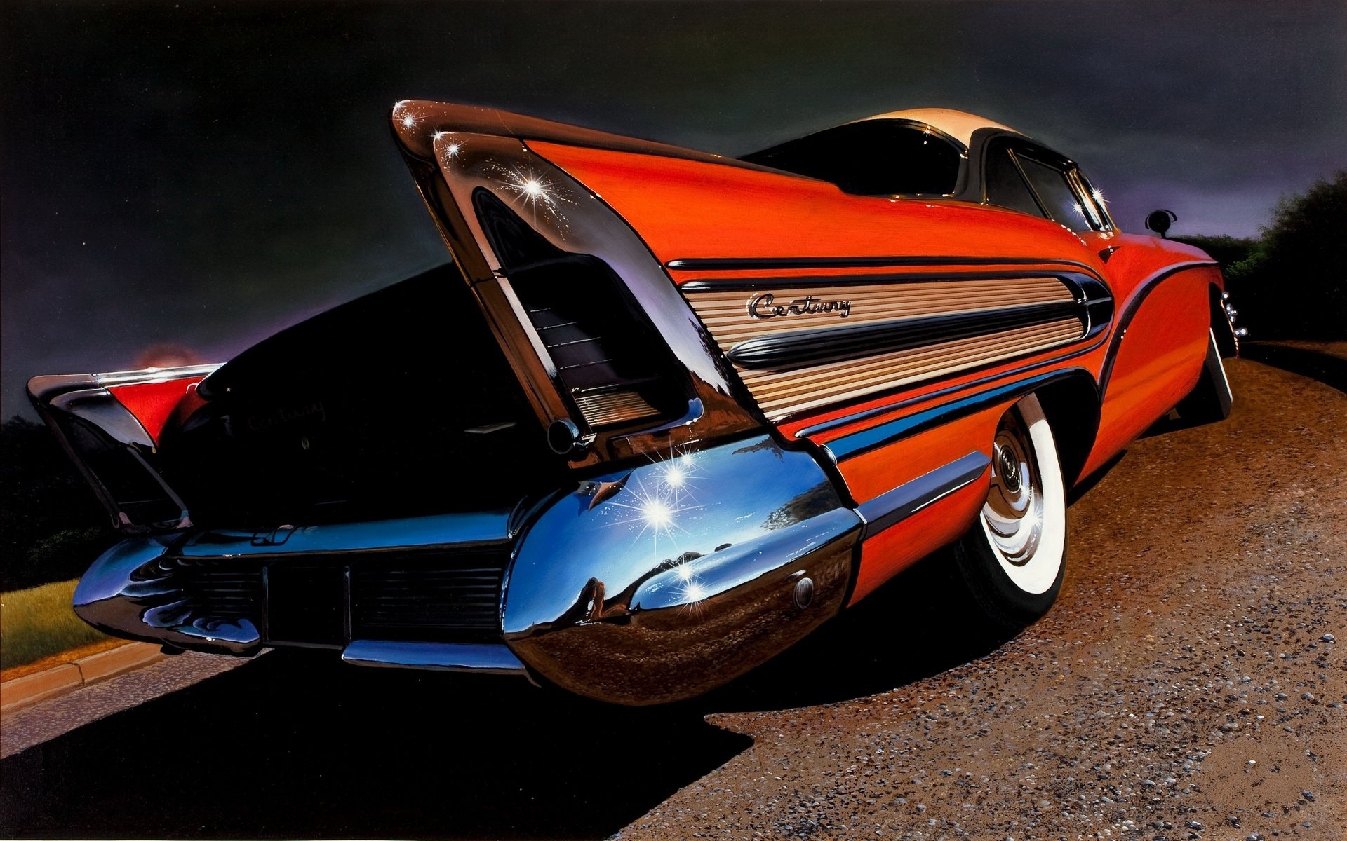 HD PC desktop wallpaper of a red Buick Century vehicle, low-angle rear three-quarter view with chrome fins, whitewall tires and a dramatic sky background.