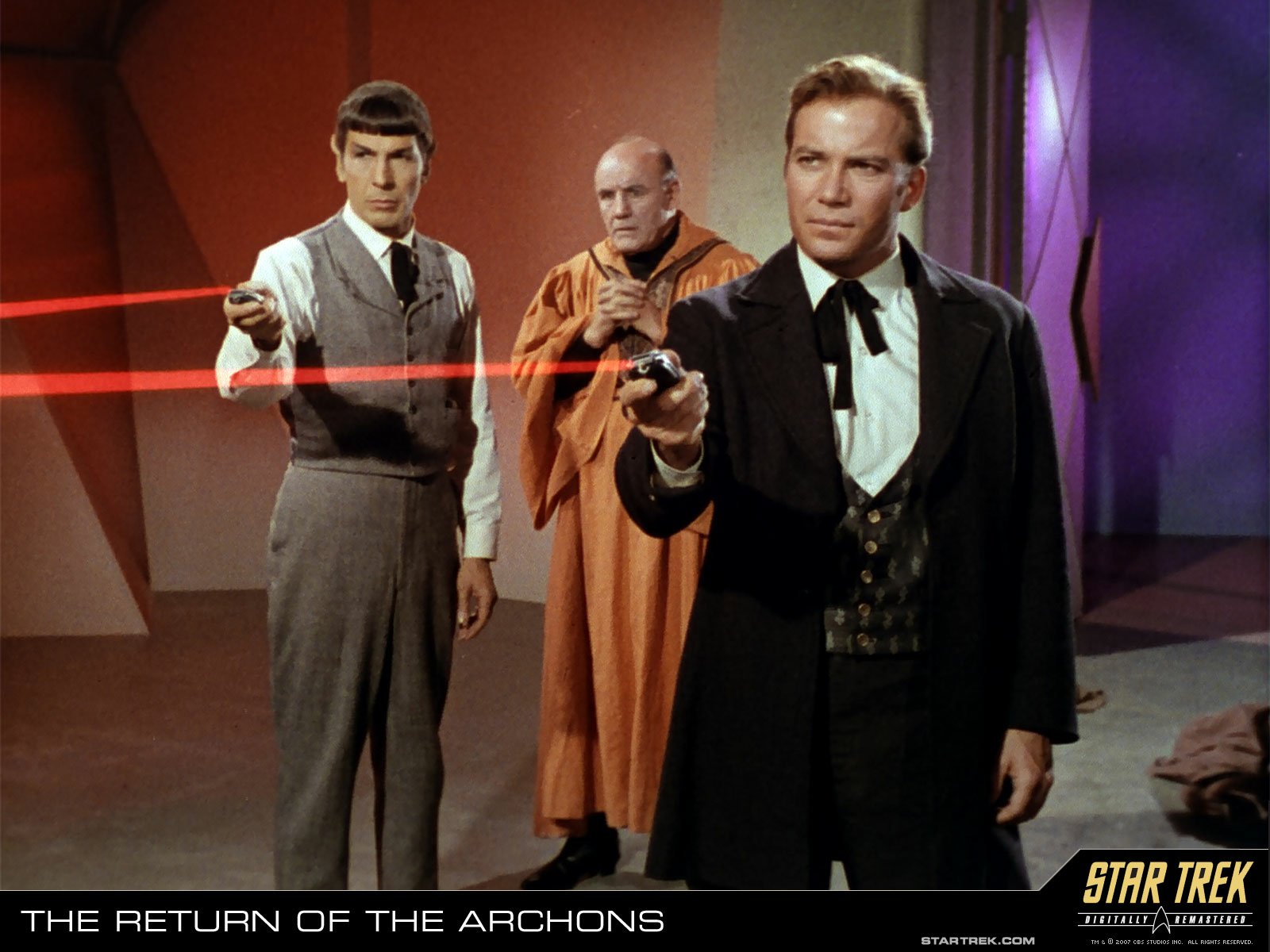 HD PC desktop wallpaper from the TV show Star Trek: The Original Series — Captain Kirk and Spock aim phasers while a robed man stands behind them.