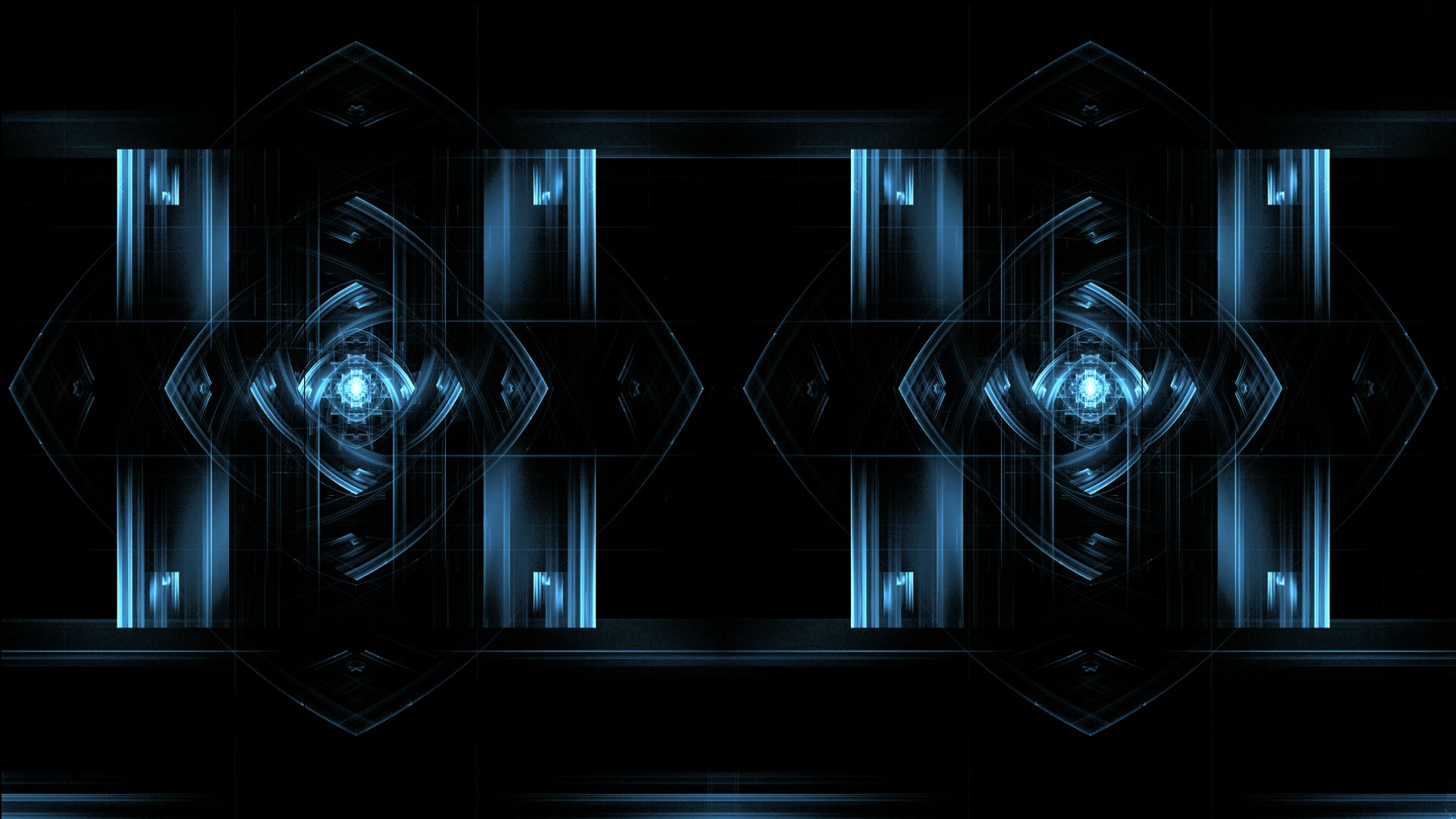 Abstract blue geometric pattern of mirrored hexagons and vertical light streaks — HD PC desktop wallpaper and background.