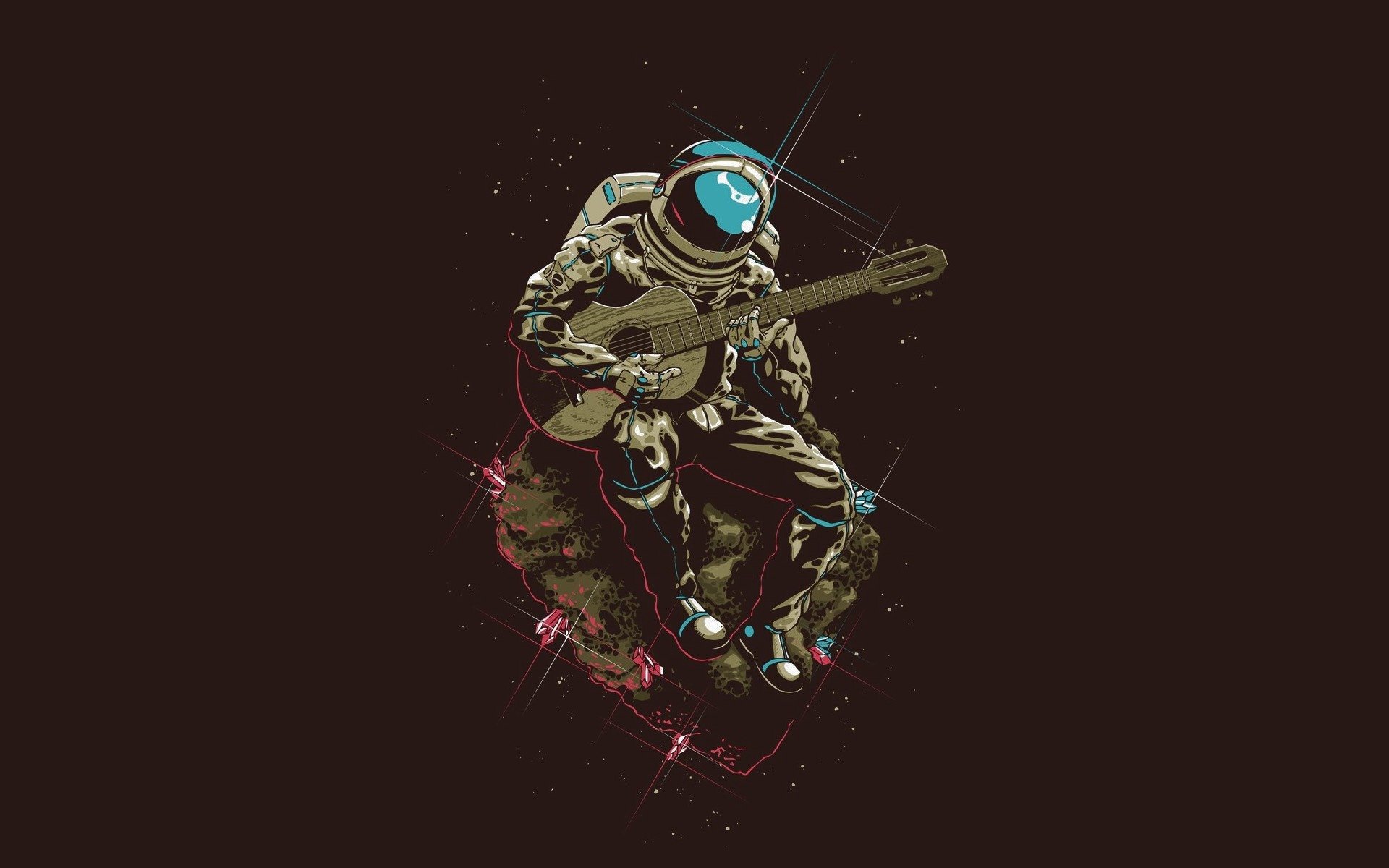 An astronaut in a reflective helmet plays a guitar amidst a cosmic backdrop, blending sci-fi elements with a striking visual, making it an engaging HD desktop wallpaper.