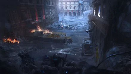 HD PC desktop wallpaper depicting a dark, apocalyptic sci-fi cityscape with ruined buildings, burning wreckage, and eerie blue-lit figures in a desolate urban environment.