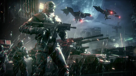 HD PC desktop wallpaper from the video game Batman: Arkham Knight, featuring armed soldiers and Batwing aircraft in a dark, rainy urban battlefield.
