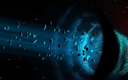 A stunning HD desktop wallpaper featuring a sci-fi black hole, with beams of light and floating particles creating an otherworldly atmosphere.