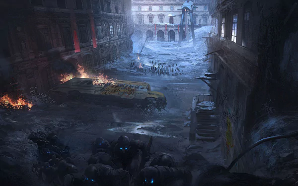 HD PC desktop wallpaper depicting a dark, apocalyptic sci-fi cityscape with ruined buildings, burning wreckage, and eerie blue-lit figures in a desolate urban environment.