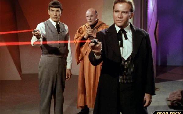 HD PC desktop wallpaper from the TV show Star Trek: The Original Series — Captain Kirk and Spock aim phasers while a robed man stands behind them.