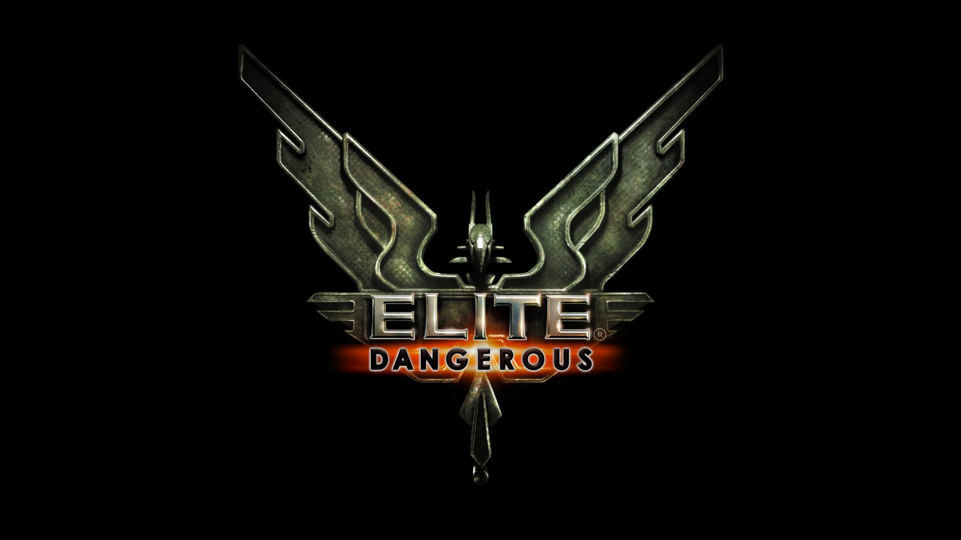 HD PC desktop wallpaper featuring the Elite: Dangerous video game logo with a stylized metallic eagle emblem on a black background.