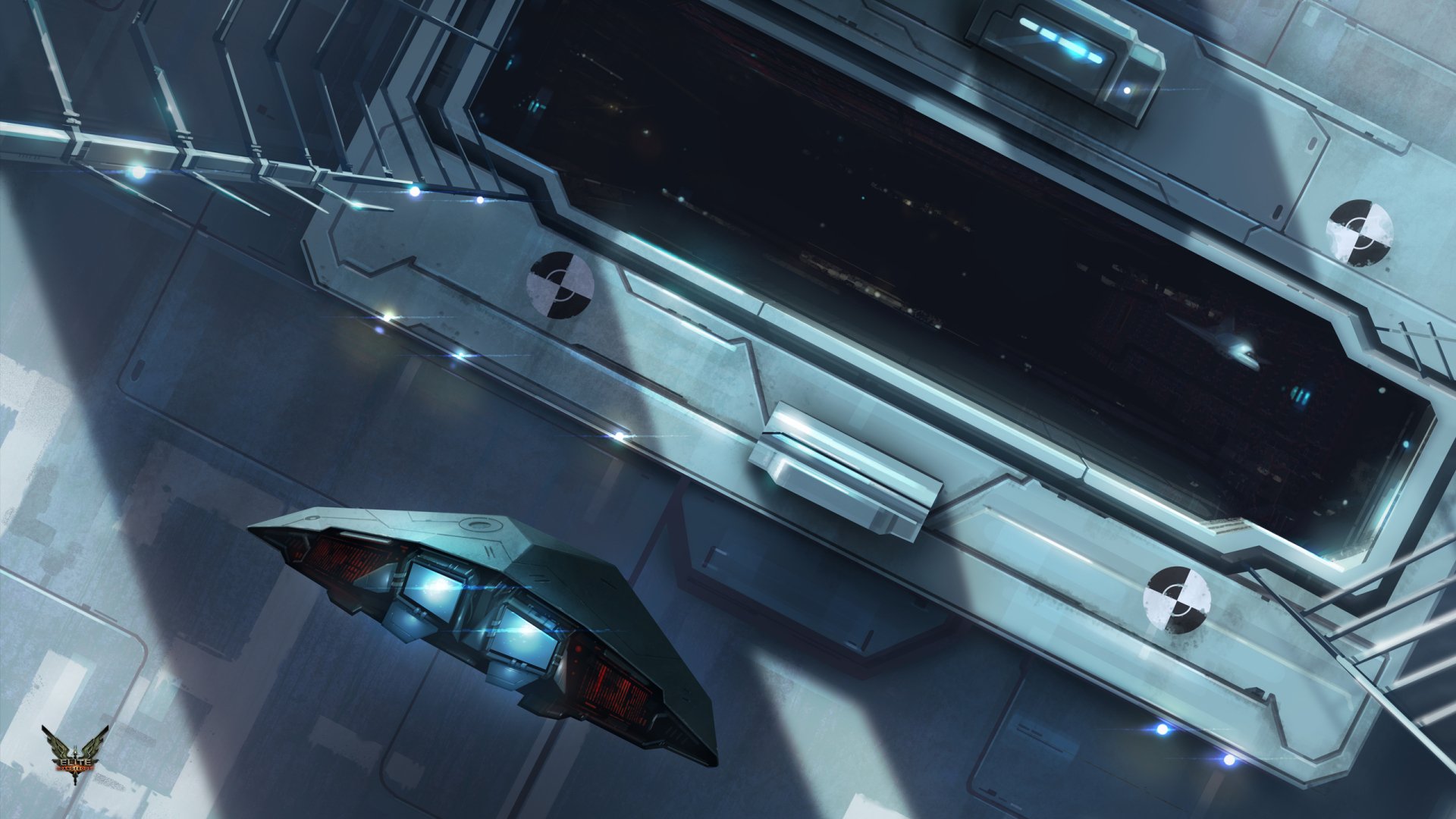 Elite: Dangerous 2K Quad HD PC desktop wallpaper and background — sleek small spacecraft docked beside an angular spaceport hull, lit panels and distant starfield visible.