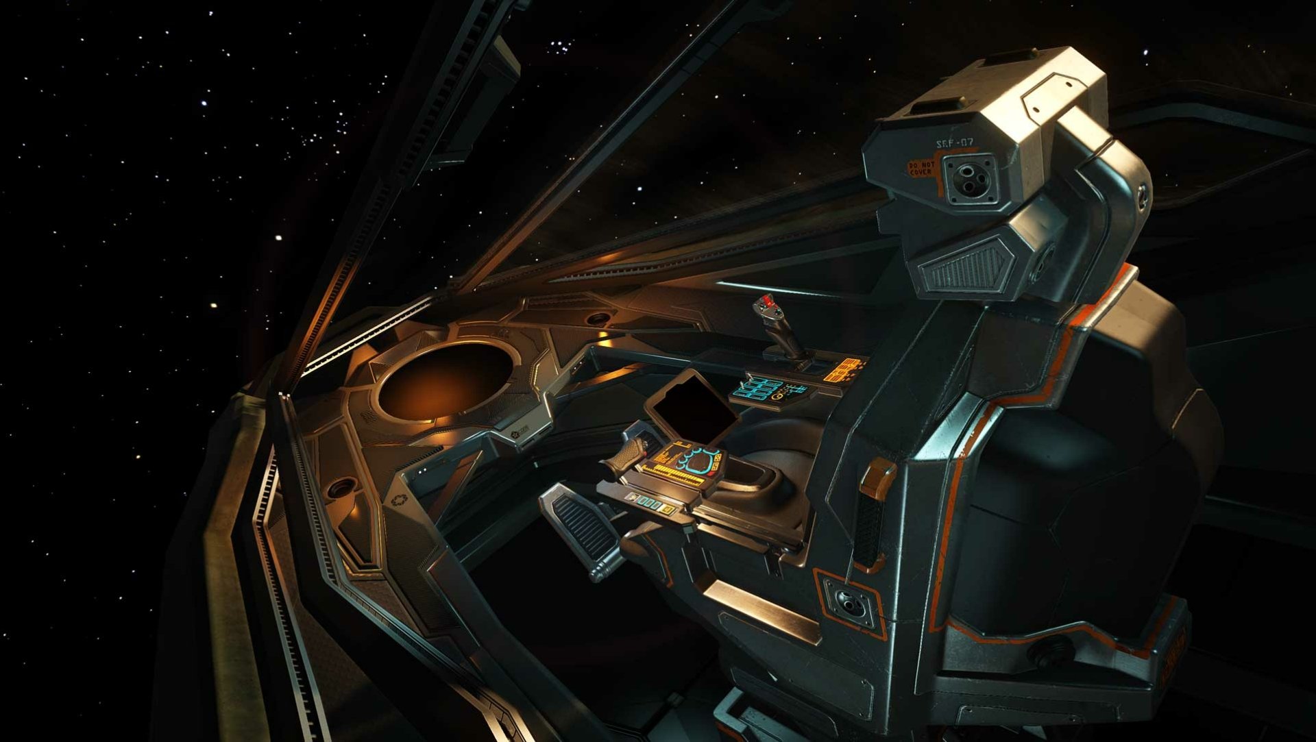 HD PC desktop wallpaper featuring a detailed cockpit view from the video game Elite: Dangerous, showcasing futuristic spacecraft controls against a starry space backdrop.