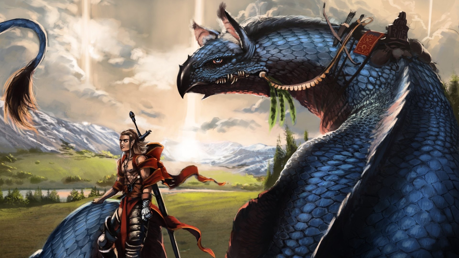 A fantasy warrior stands confidently beside a massive blue-scaled dragon in a vast, mountainous landscape, captured in this HD PC desktop wallpaper and background.