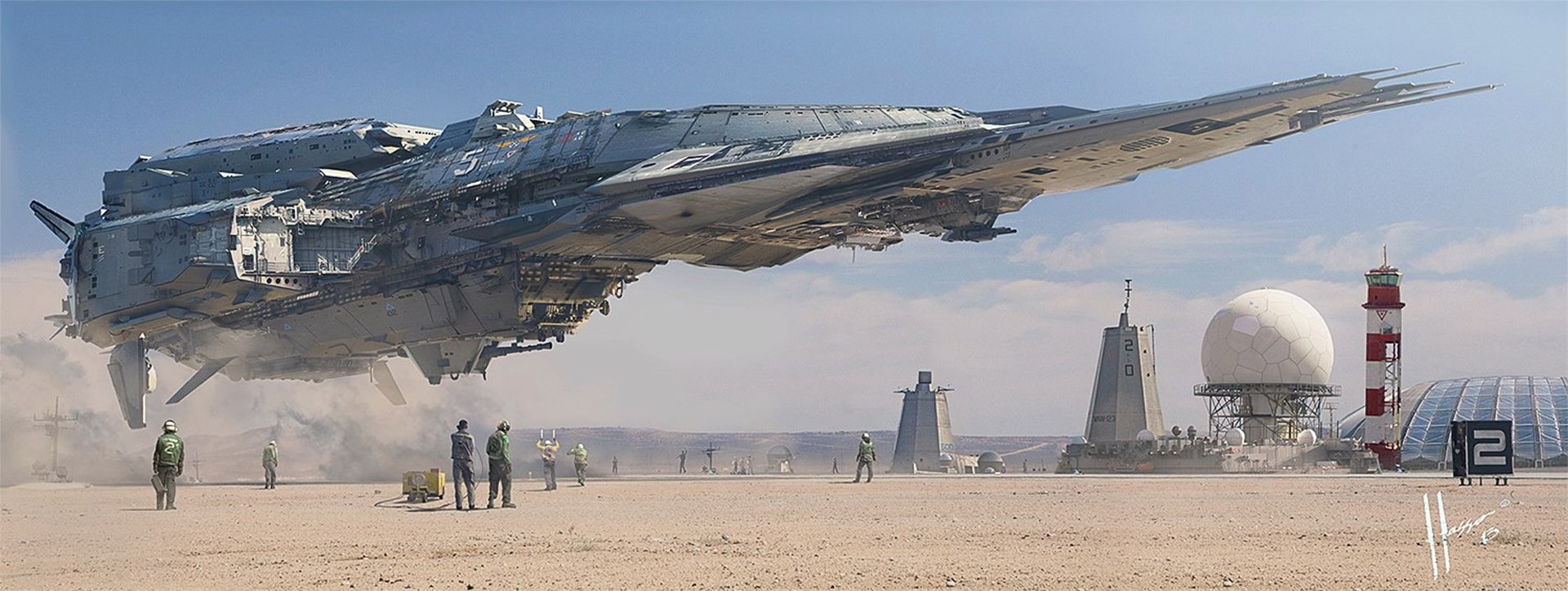 A massive sci-fi spaceship hovers above a desert landscape, with figures working nearby and futuristic structures in the background, creating an immersive HD desktop wallpaper.