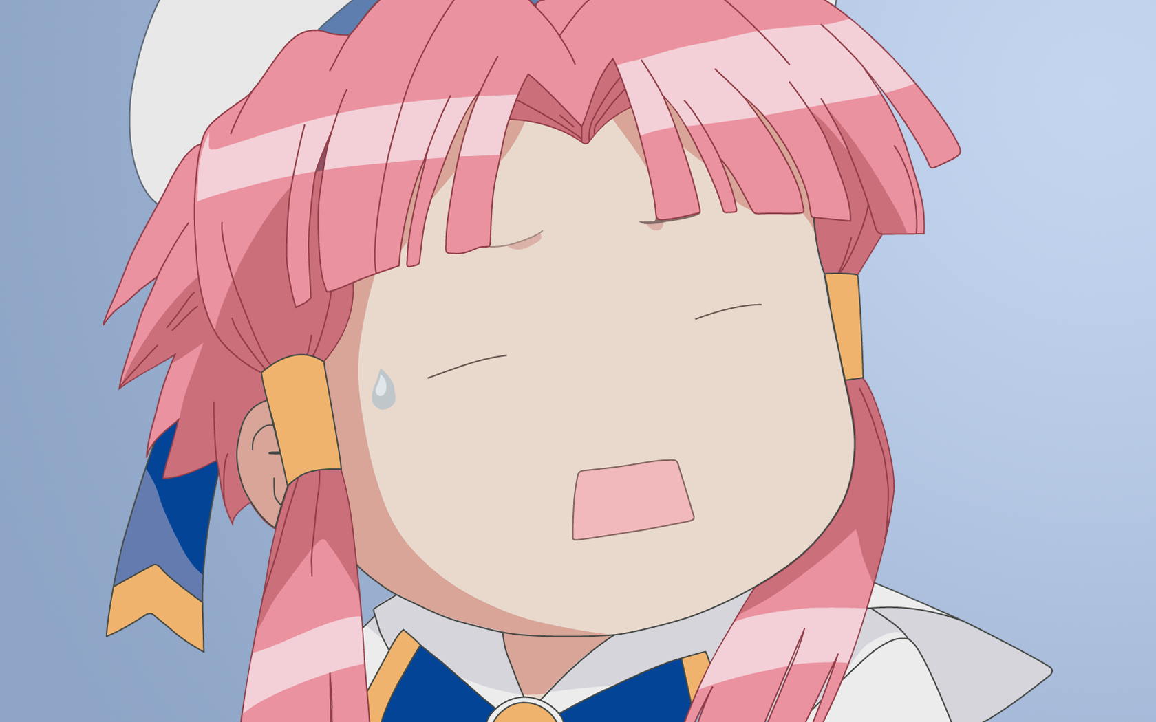 HD PC desktop wallpaper of anime Aria: pink-haired girl with ribbons and school uniform, sweating and making a flustered, wide-mouthed expression on a pale blue background.