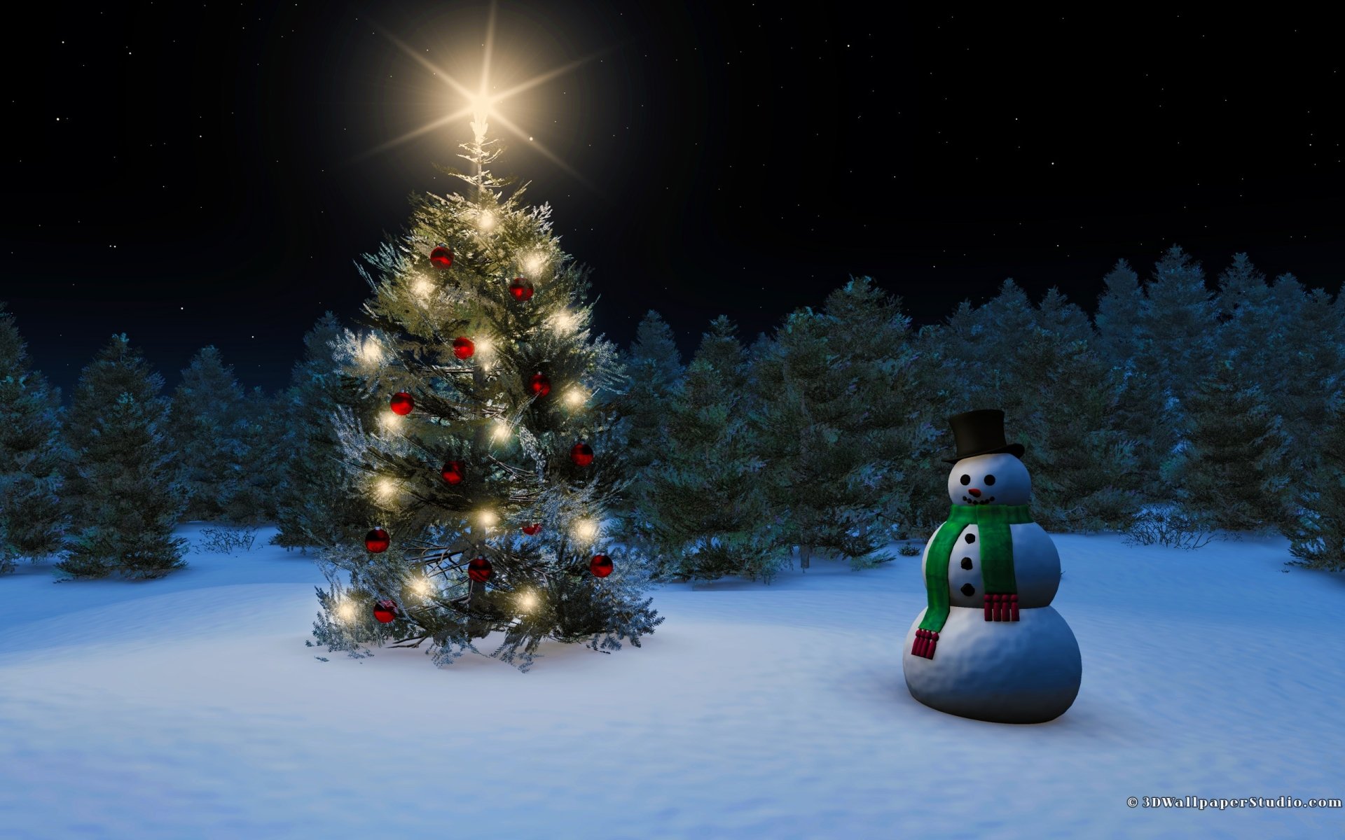 A nighttime winter scene HD desktop wallpaper featuring a decorated Christmas tree glowing with lights and a snowman wearing a hat and scarf in the snowy landscape.