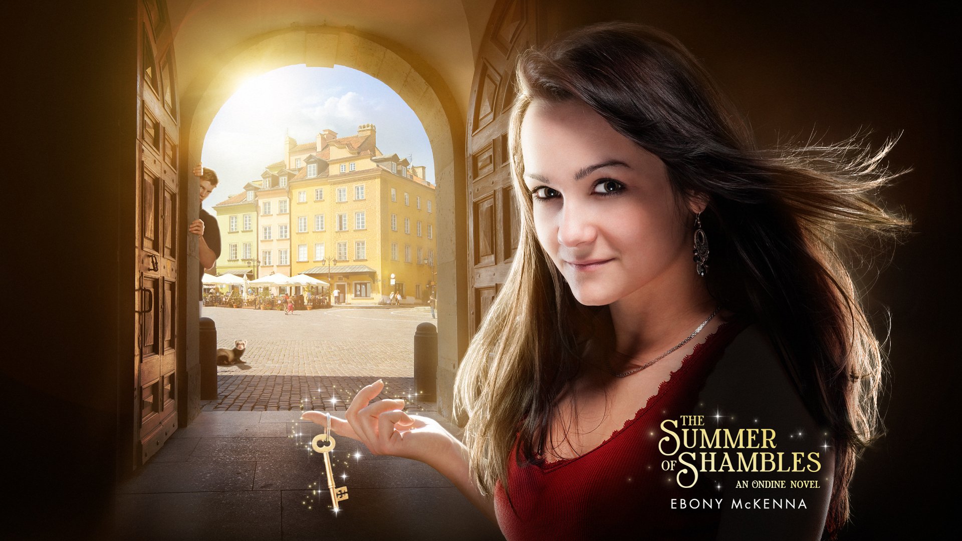 Fantasy book cover 2K Quad HD PC desktop wallpaper/background: a smiling woman in a sunlit arched doorway holds a glowing key, with a warm town square and the title The Summer of Shambles.