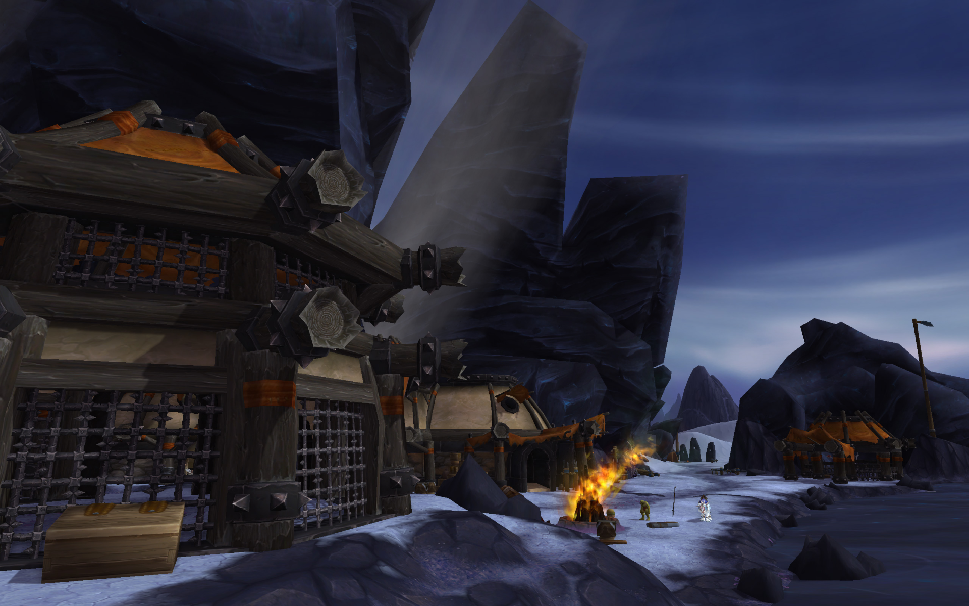 Snowy Draenor outpost at dusk from World of Warcraft: Warlords of Draenor — video game 2K Quad HD PC desktop wallpaper background.