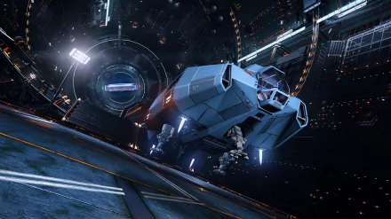 A sleek spaceship navigates a futuristic space station in this HD wallpaper inspired by the video game Elite: Dangerous, showcasing intricate details and vibrant lighting.