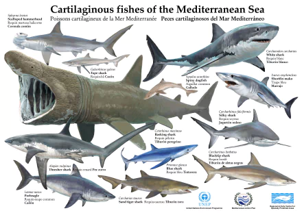 HD desktop wallpaper featuring various species of sharks from the Mediterranean Sea, showcasing their unique features and names in a detailed and informative layout.