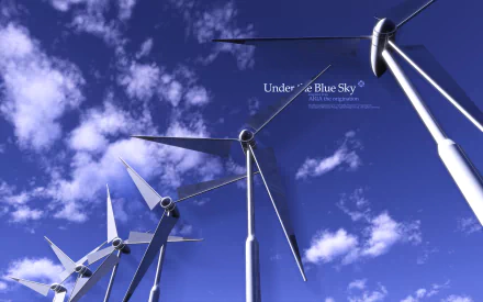 Anime Aria 2K Quad HD PC wallpaper: low-angle white wind turbines against a vivid blue sky with scattered clouds, creating a serene, minimalist scene.