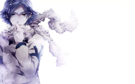 HD desktop wallpaper featuring an anime character from Inazuma Eleven with blue hair and a cold expression, enveloped in a white haze against a minimalist background.