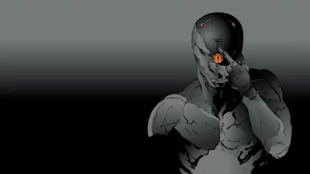 HD PC wallpaper: grayscale cyborg soldier from the video game Metal Gear Solid: VR Missions, standing with a hand to his head against a dark gradient background.