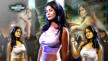 HD PC desktop wallpaper featuring multiple stylized images of a woman from the video game Need For Speed: Underground 2 with a cityscape backdrop.