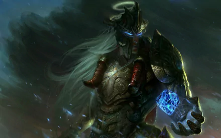 A dark fantasy sorcerer in ornate armor with glowing blue eyes and a magical blue crystal floating above their hand, designed as an HD PC desktop wallpaper.