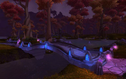 HD desktop wallpaper from the World of Warcraft: Warlords of Draenor expansion, featuring a mystical bridge glowing with blue and purple lights amid a dark, enchanted forest.