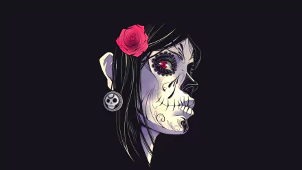 Artistic HD desktop wallpaper featuring a detailed sugar skull profile with a red rose in the hair and skull earring on a black background.