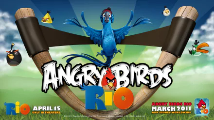 HD PC desktop wallpaper for the video game Angry Birds Rio: blue macaw and Angry Birds characters on a slingshot above a bright tropical background with the Angry Birds Rio logo.