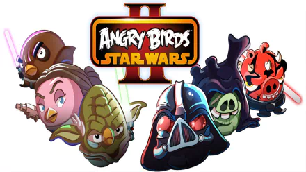 HD PC desktop wallpaper and background for the video game Angry Birds: Star Wars 2, featuring stylized Angry Birds and pig characters wearing Star Wars–inspired helmets on a white backdrop.