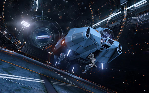 A sleek spaceship navigates a futuristic space station in this HD wallpaper inspired by the video game Elite: Dangerous, showcasing intricate details and vibrant lighting.