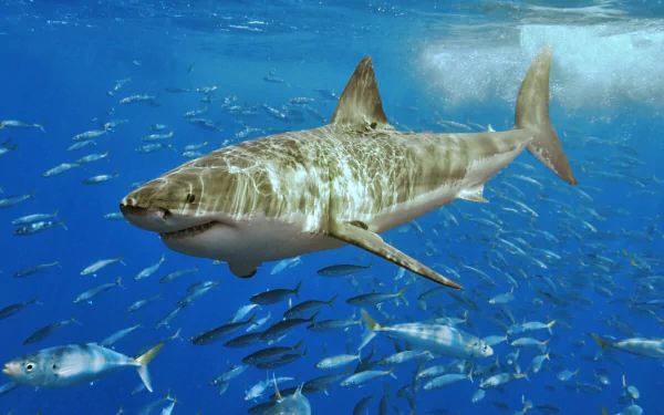HD desktop wallpaper featuring a great white shark swimming in the ocean surrounded by smaller fish.