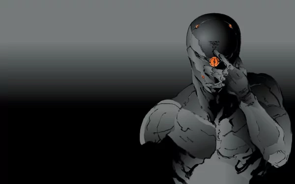 HD PC wallpaper: grayscale cyborg soldier from the video game Metal Gear Solid: VR Missions, standing with a hand to his head against a dark gradient background.