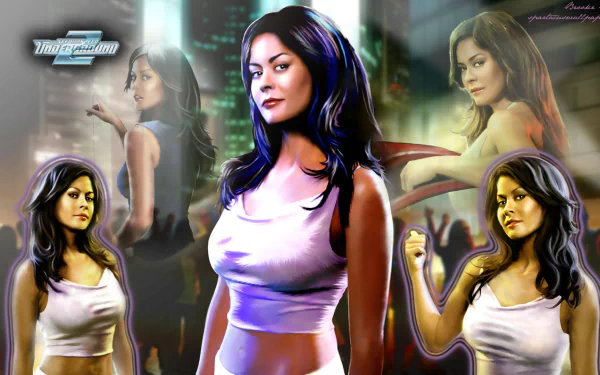 HD PC desktop wallpaper featuring multiple stylized images of a woman from the video game Need For Speed: Underground 2 with a cityscape backdrop.