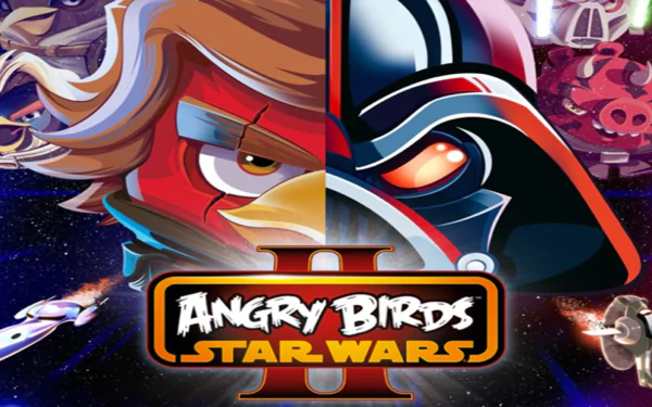 HD desktop wallpaper featuring characters from Angry Birds: Star Wars 2, showcasing a dramatic clash between a bird and a dark figure against a vibrant space backdrop.