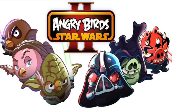 HD PC desktop wallpaper and background for the video game Angry Birds: Star Wars 2, featuring stylized Angry Birds and pig characters wearing Star Wars–inspired helmets on a white backdrop.