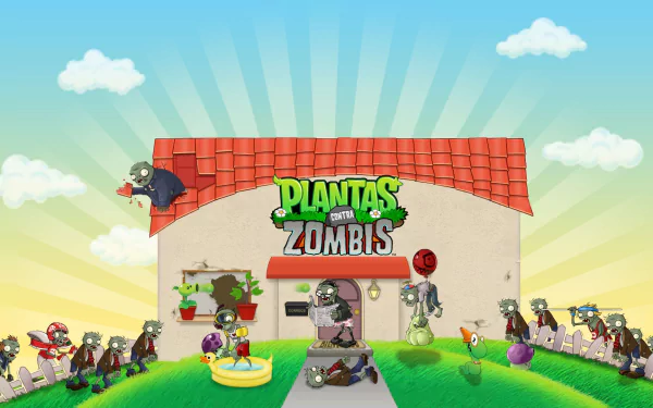 HD PC desktop wallpaper featuring colorful Plants vs. Zombies characters in front of a house under a bright sky with clouds, highlighting the popular video game.